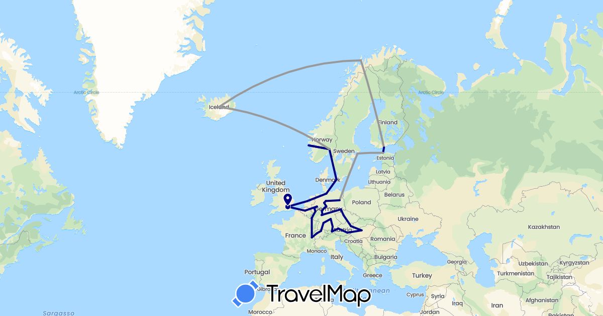 TravelMap itinerary: driving, plane in Austria, Belgium, Switzerland, Czech Republic, Germany, Denmark, Estonia, Finland, United Kingdom, Hungary, Iceland, Luxembourg, Netherlands, Norway, Sweden (Europe)