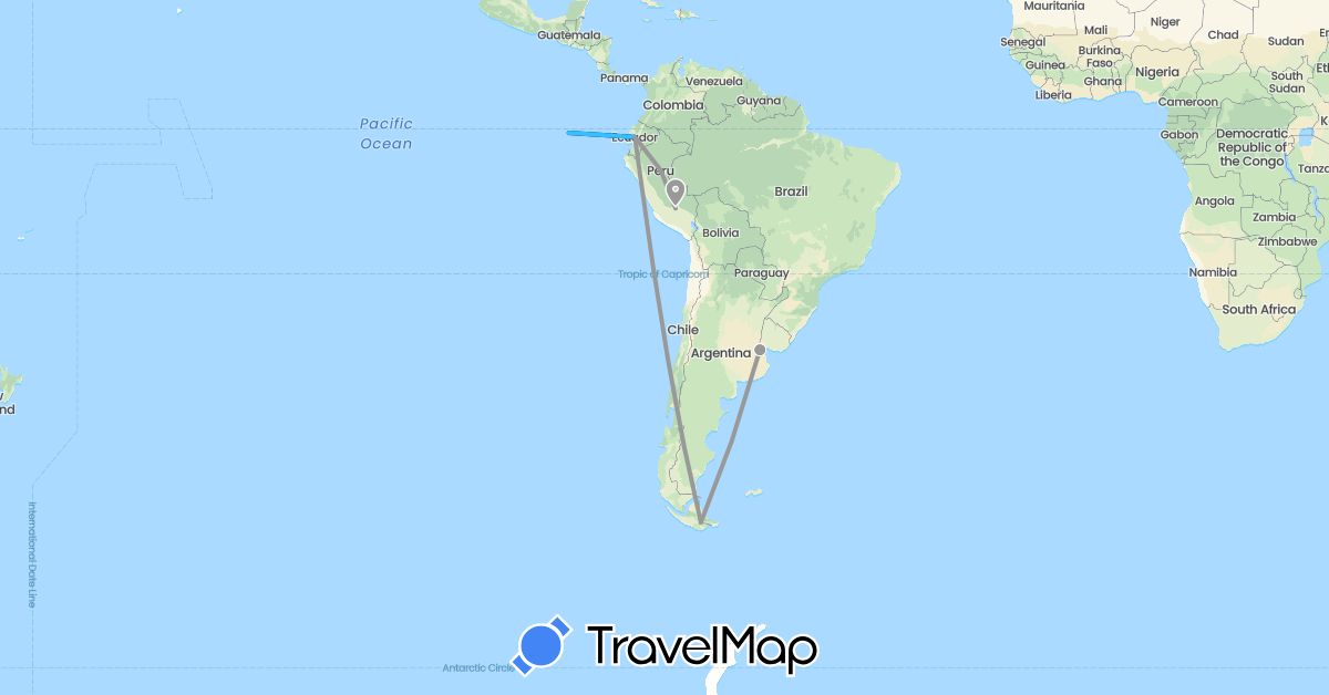 TravelMap itinerary: driving, plane, boat in Argentina, Ecuador, Peru (South America)
